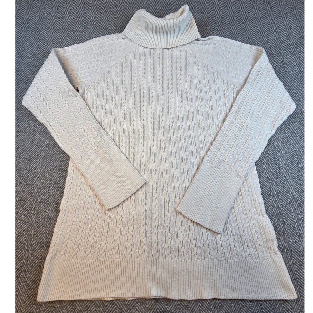 Eddie Bauer Womens XL Cream Cable Knit Turtleneck Cotton Blend Sweater Raglan